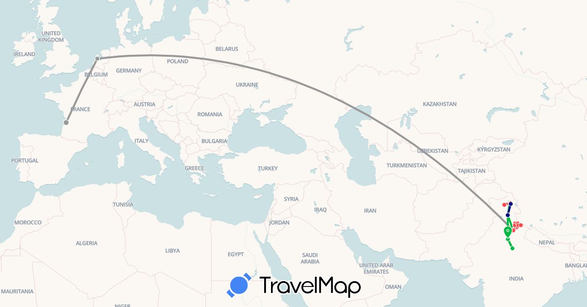 TravelMap itinerary: driving, bus, plane, hiking in France, India, Netherlands (Asia, Europe)